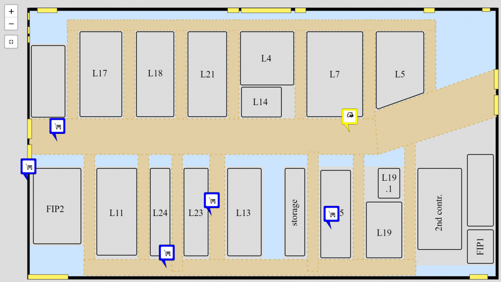 shop floor map displaying trucks tracked by FloWide's tracking solution. Level 2.